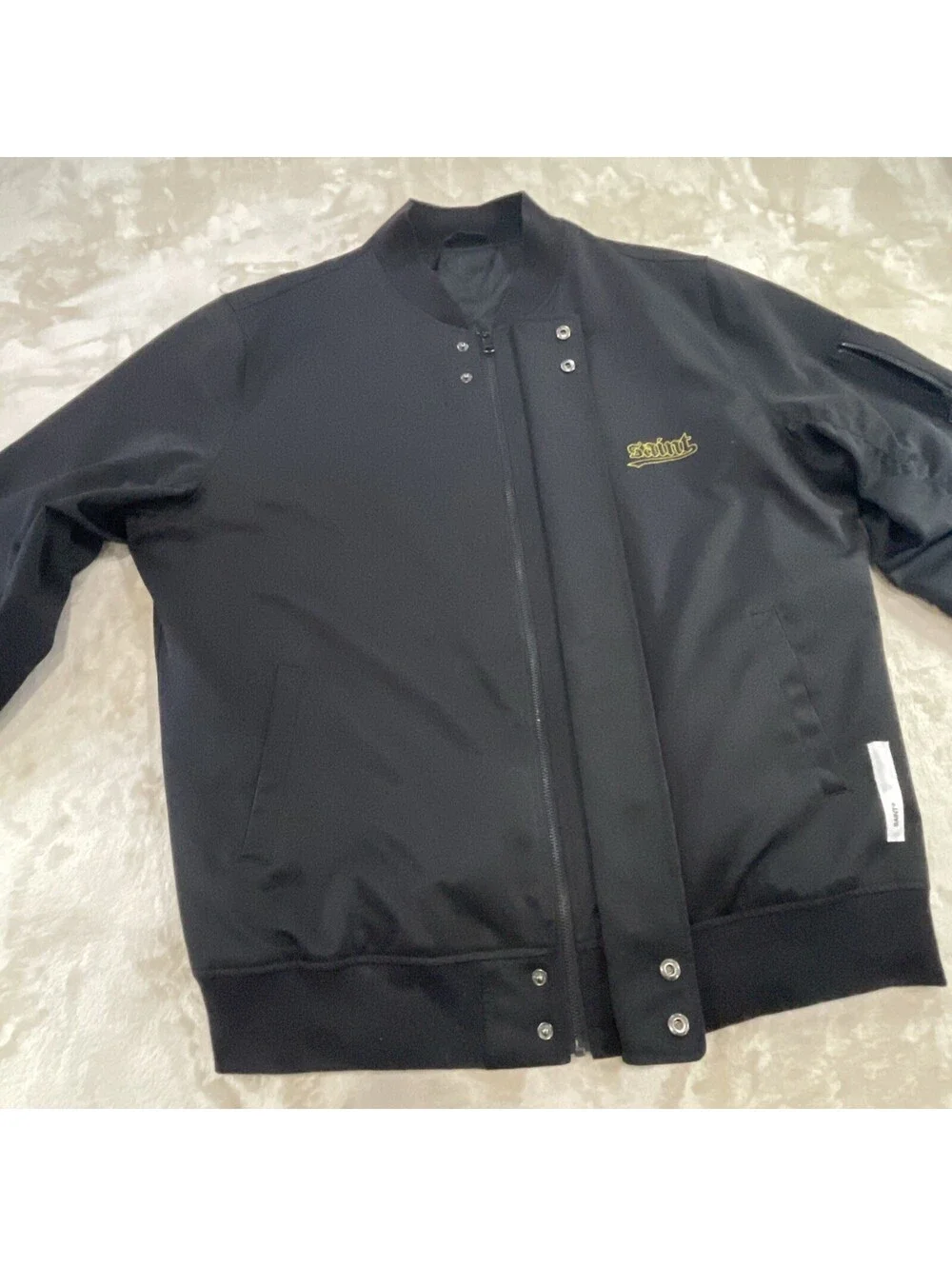 Saint Morta Full-Zip & Snap Black Bomber Jacket Gothic Logo Mens Size L *FLAW*